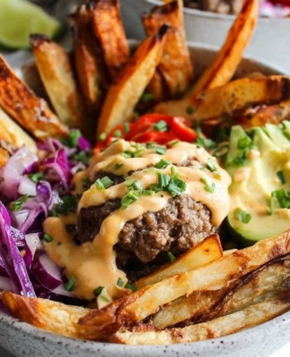 Whole30 burger bowls topped with crispy fries for a healthy meal