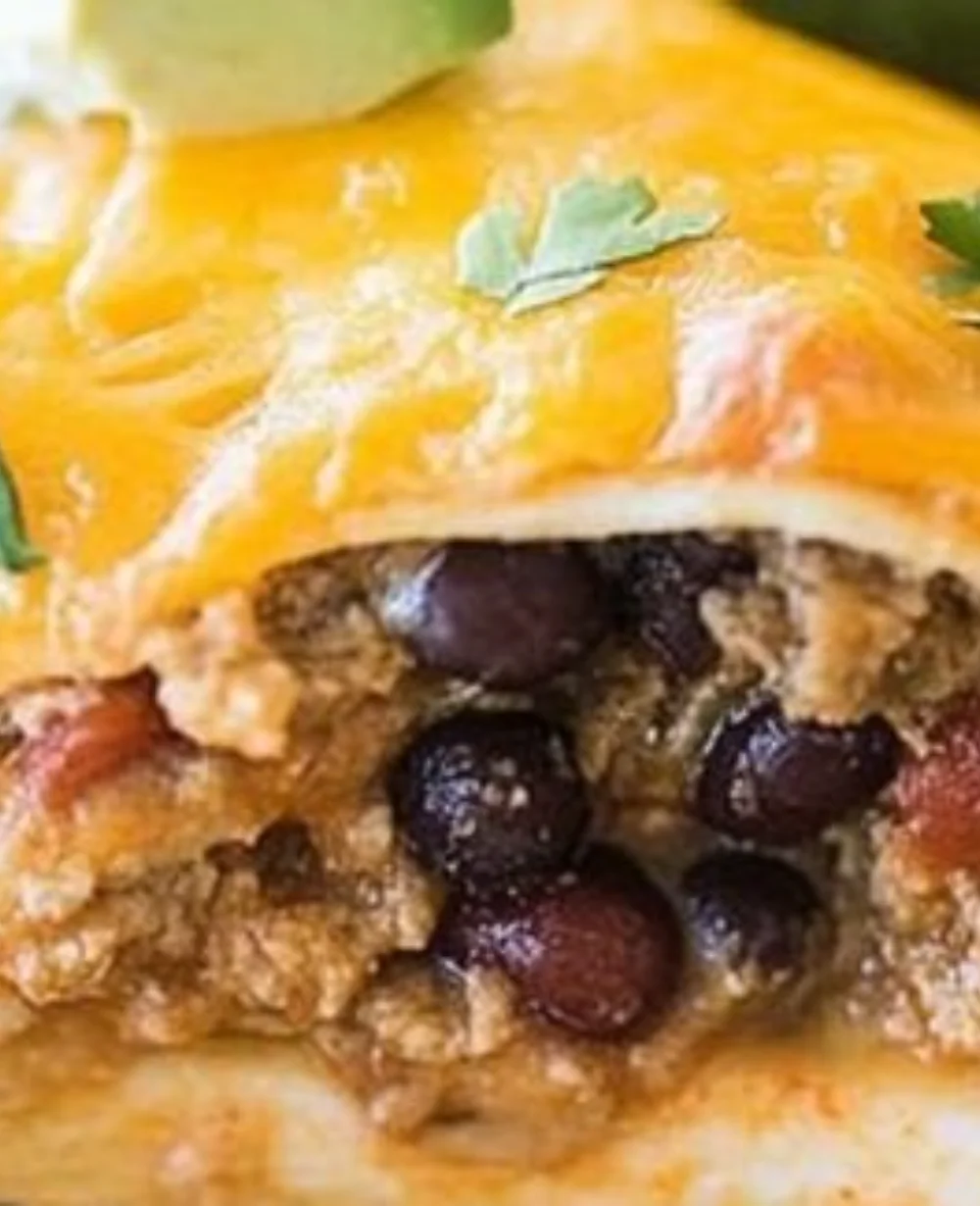 Savory Beef and Bean Burrito Casserole, a family-friendly meal, served hot.