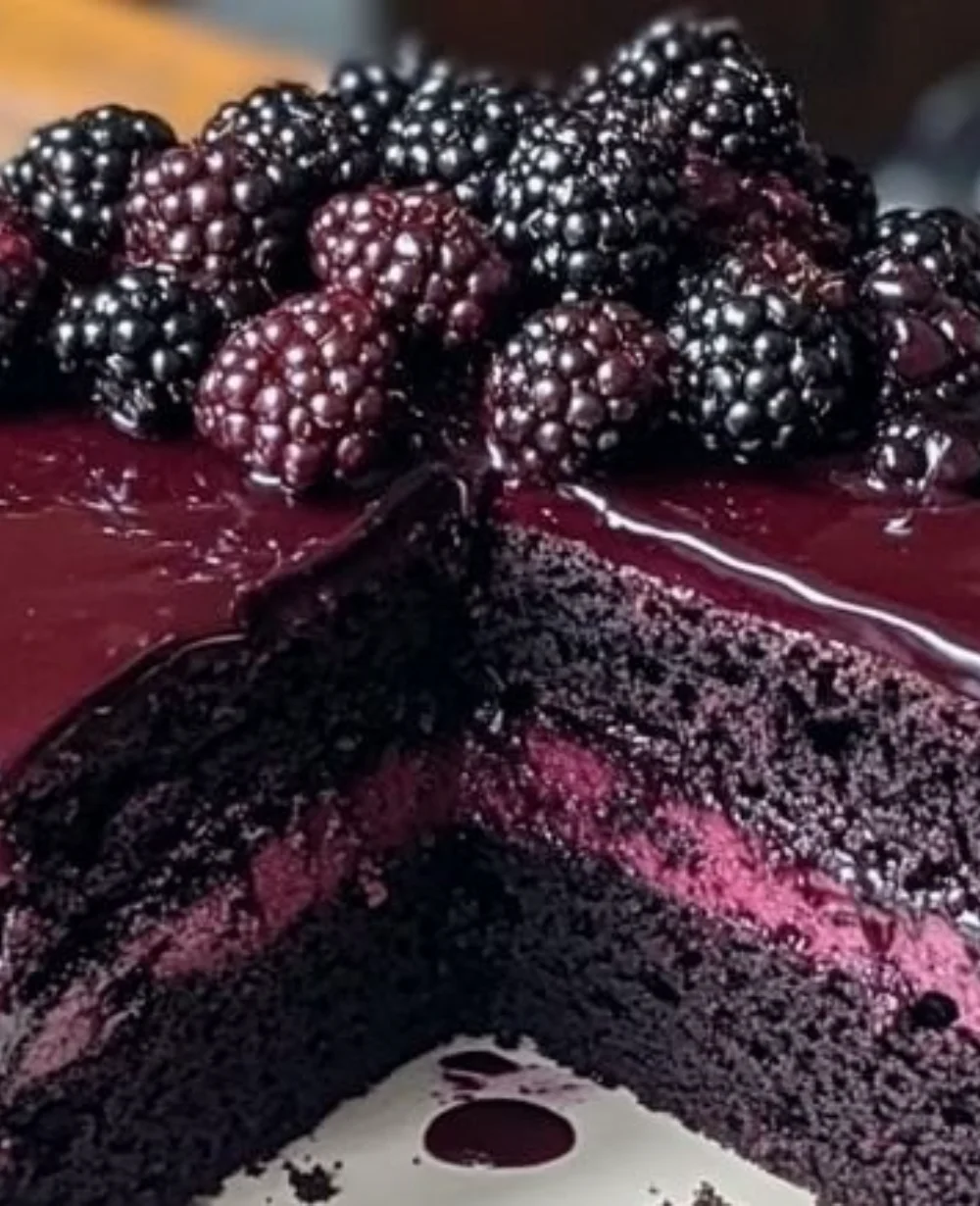 A slice of Blackberry Velvet Cake topped with fresh blackberries and cream.