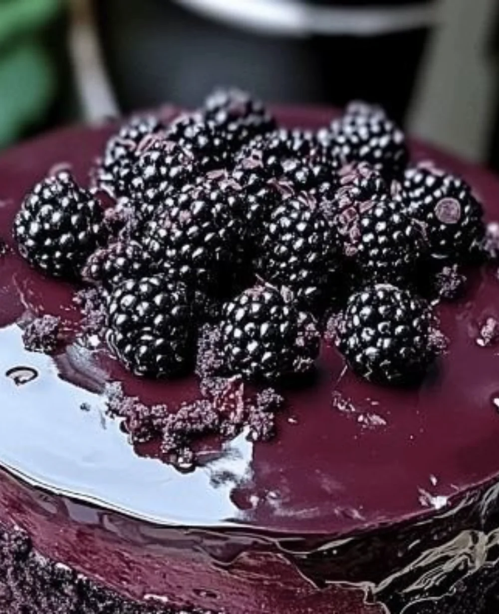 Slice of Blackberry Velvet Cake with dark, rich frosting and fresh blackberries