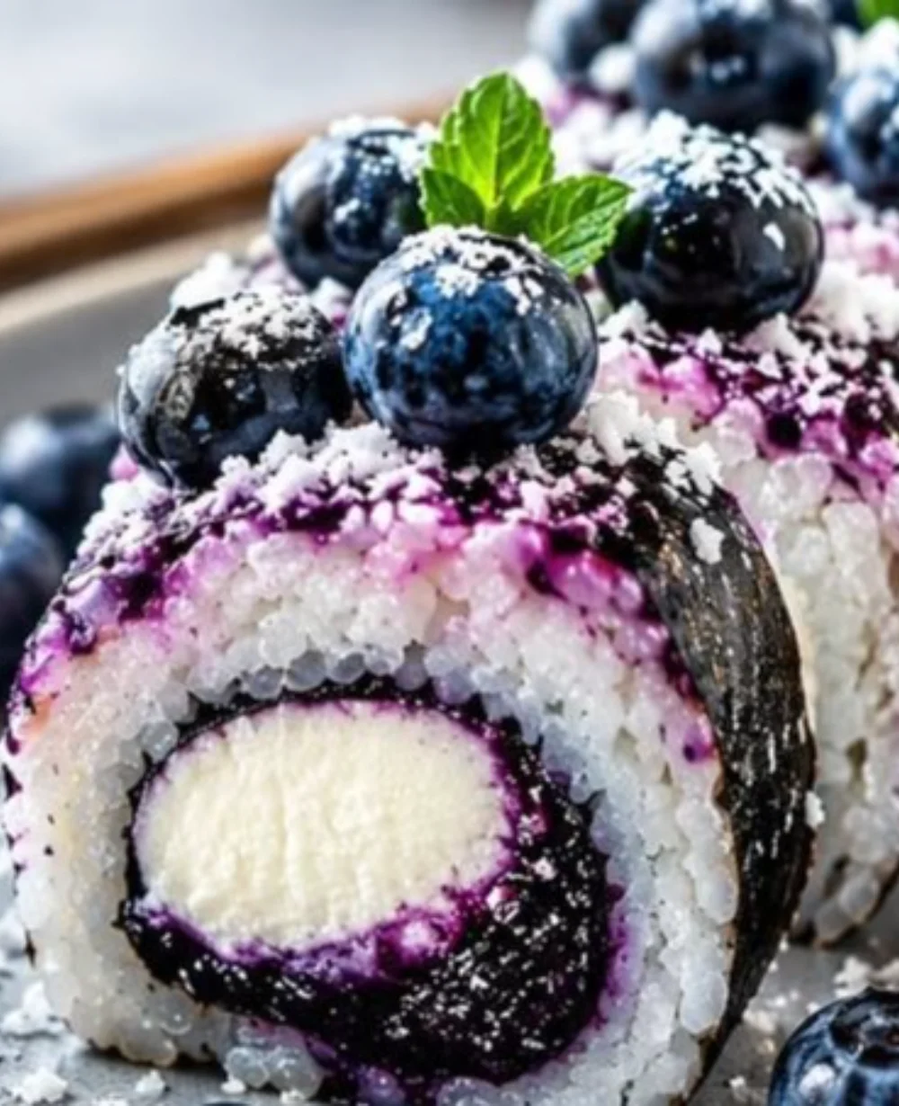 Delicious Blueberry Cheesecake Sushi Rolls topped with fresh blueberries and cream cheese