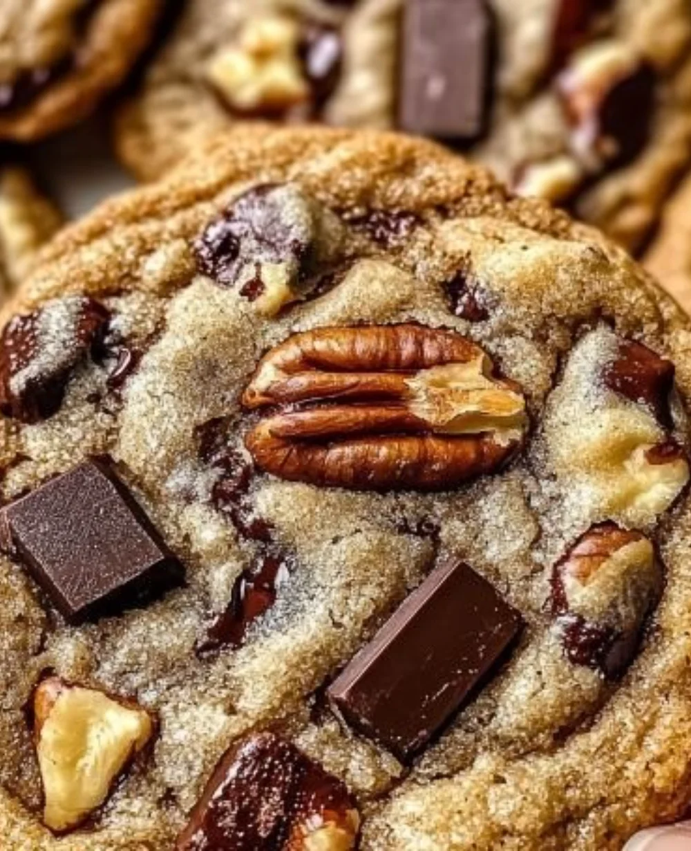 Delicious Brown Butter Bourbon Pecan Chocolate Chunk Cookies on a plate