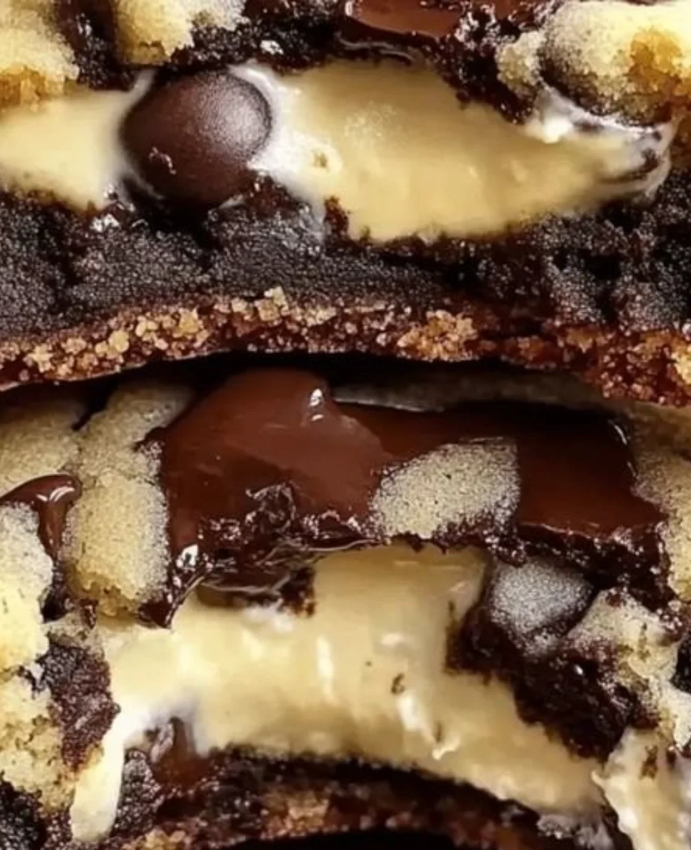 Cheesecake stuffed chocolate chip cookies with a creamy filling