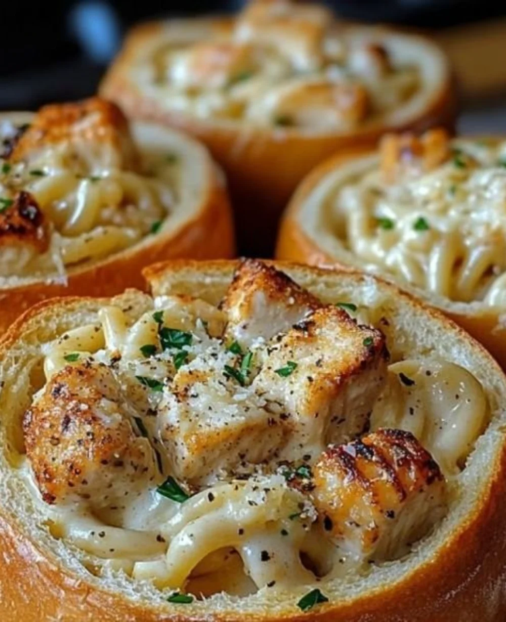 Delicious Chicken Alfredo Garlic Bread Bowls served with creamy sauce