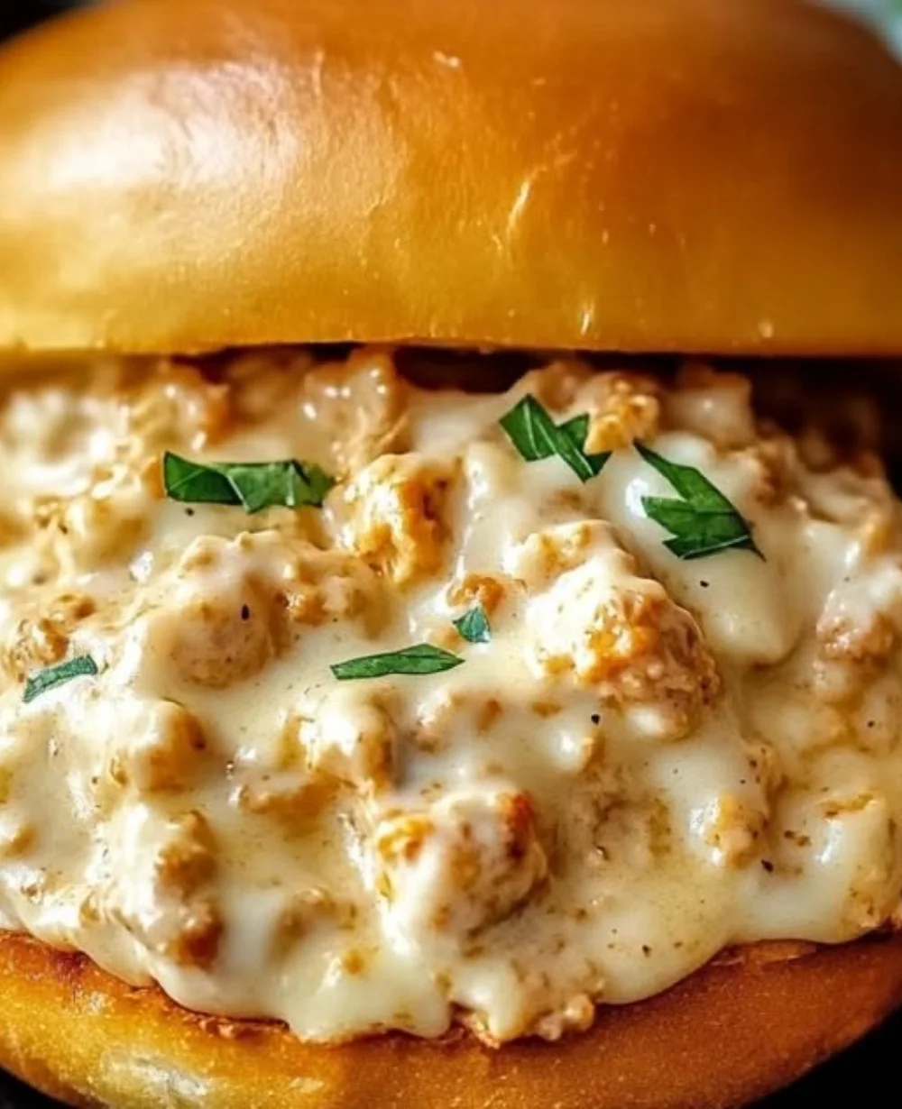 Creamy Chicken Alfredo Sloppy Joes served on a bun