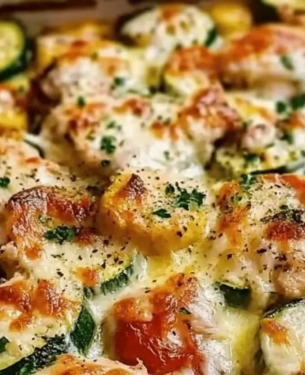 Baked Chicken Zucchini with herbs and cheese in a casserole dish