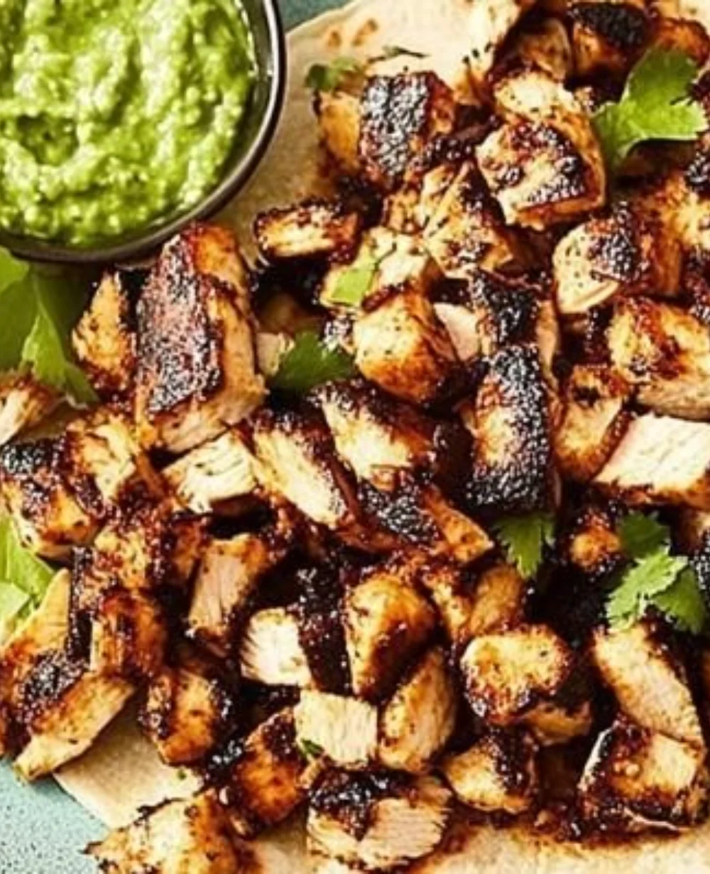 Delicious Chile-Marinated Grilled Chicken Tacos served with fresh toppings