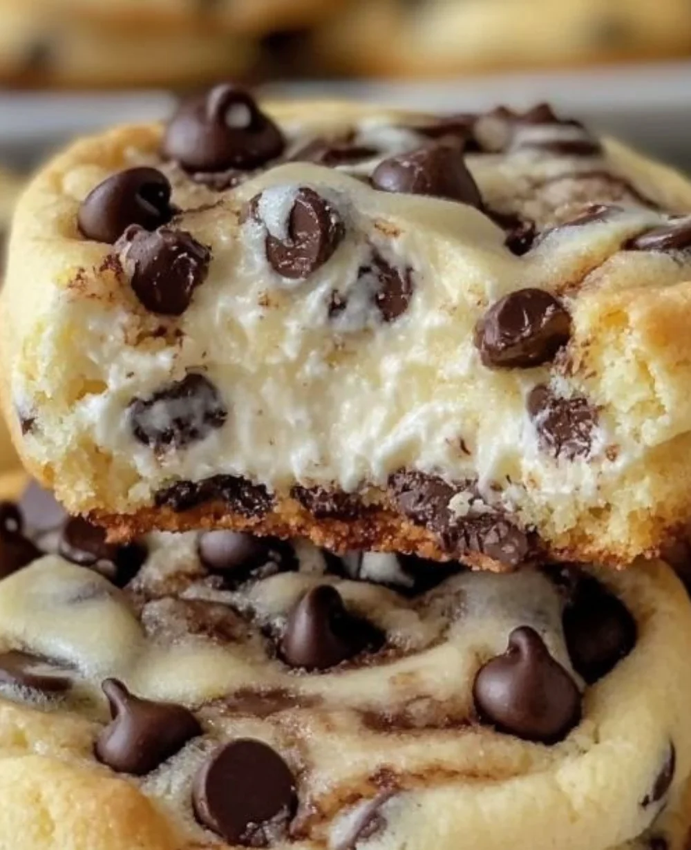 Chocolate Chip Cheesecake Cookies fresh from the oven with chocolate chunks and creamy texture.