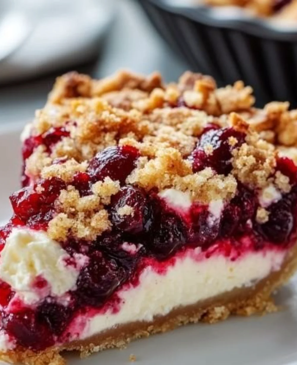 Cranberry Cream Cheese Crumb Pie topped with a golden brown crumb layer