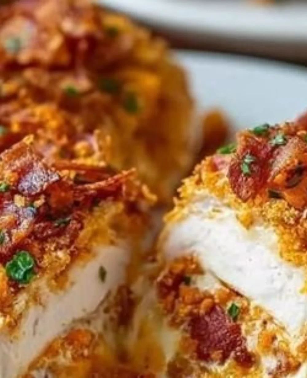 Crispy Cream Cheese and Bacon Stuffed Doritos Chicken served on a plate