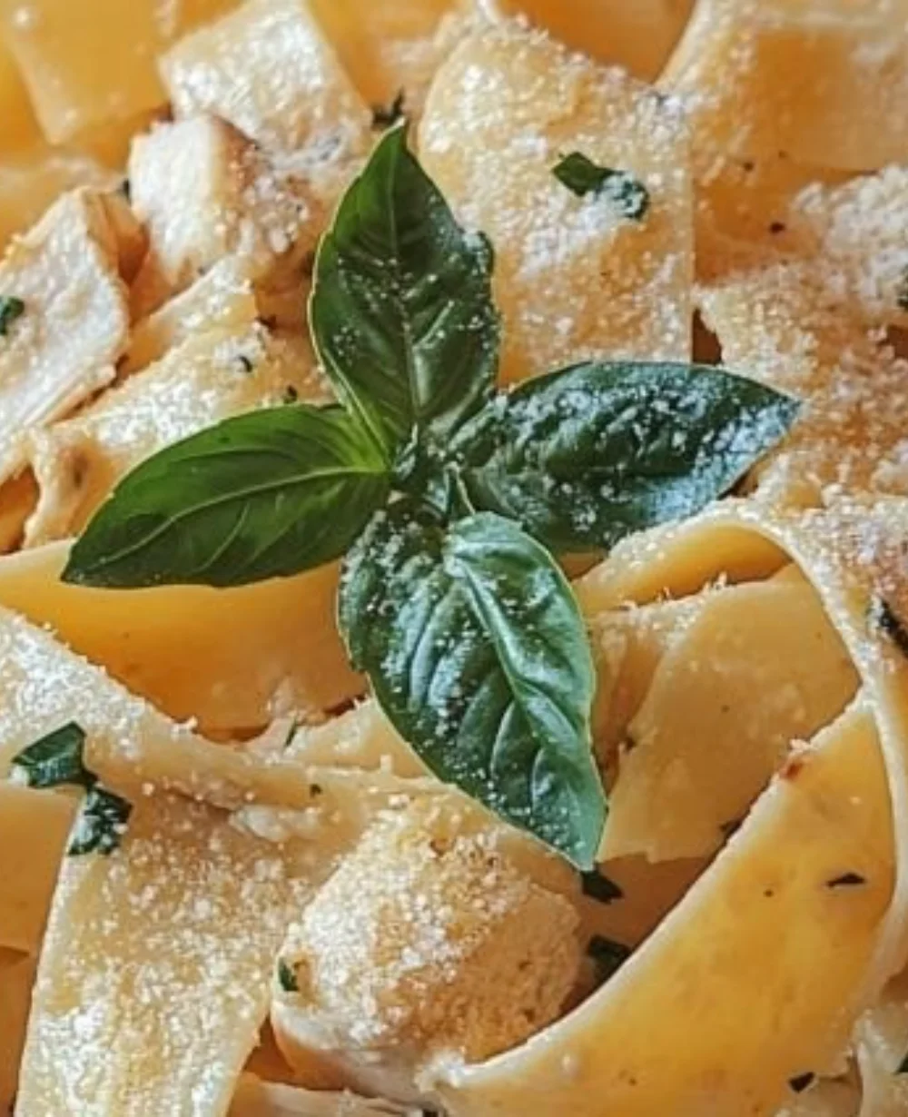 Creamy chicken pappardelle pasta served in a bowl with herbs