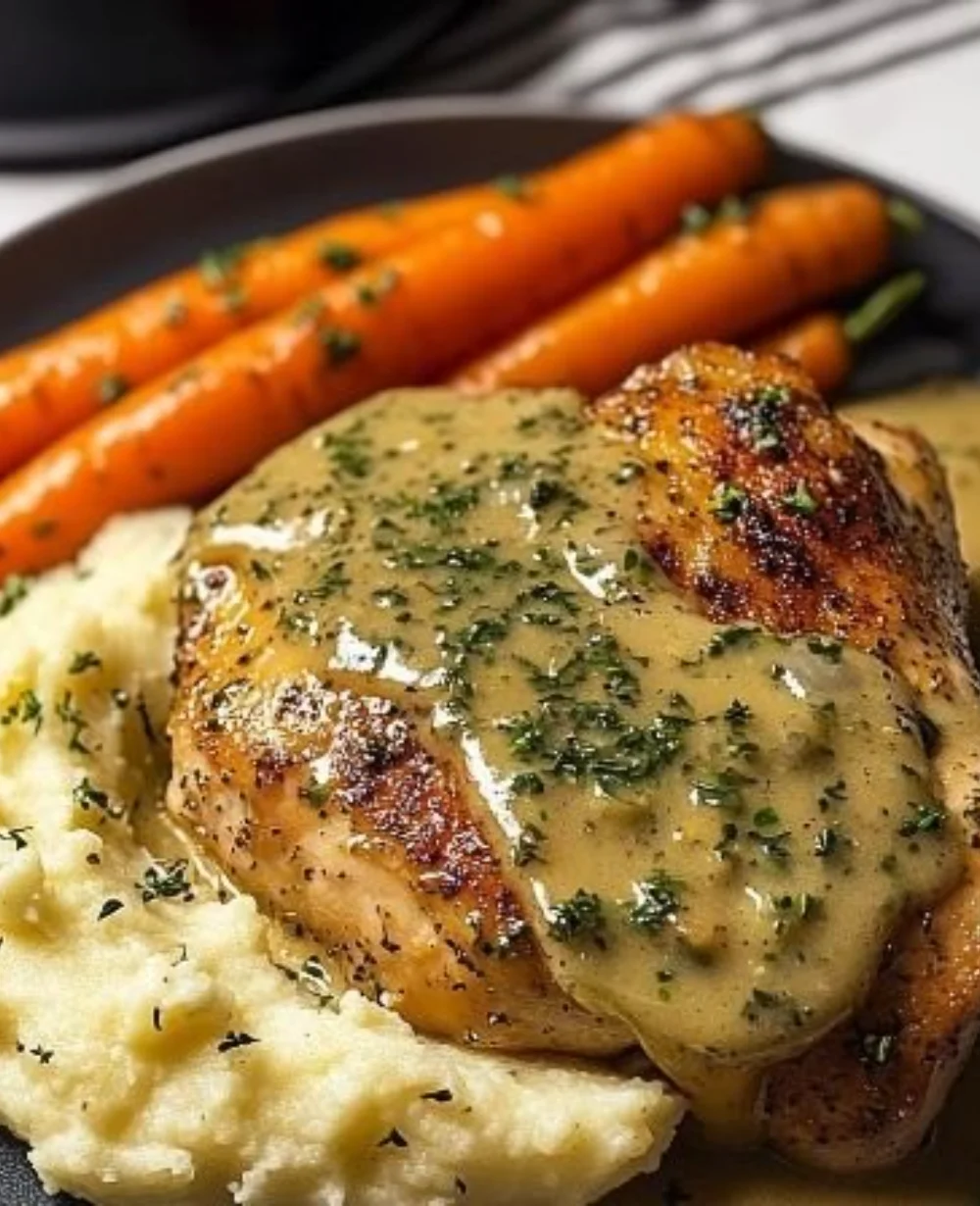 Creamy herb chicken dish with mashed potatoes and glazed carrots