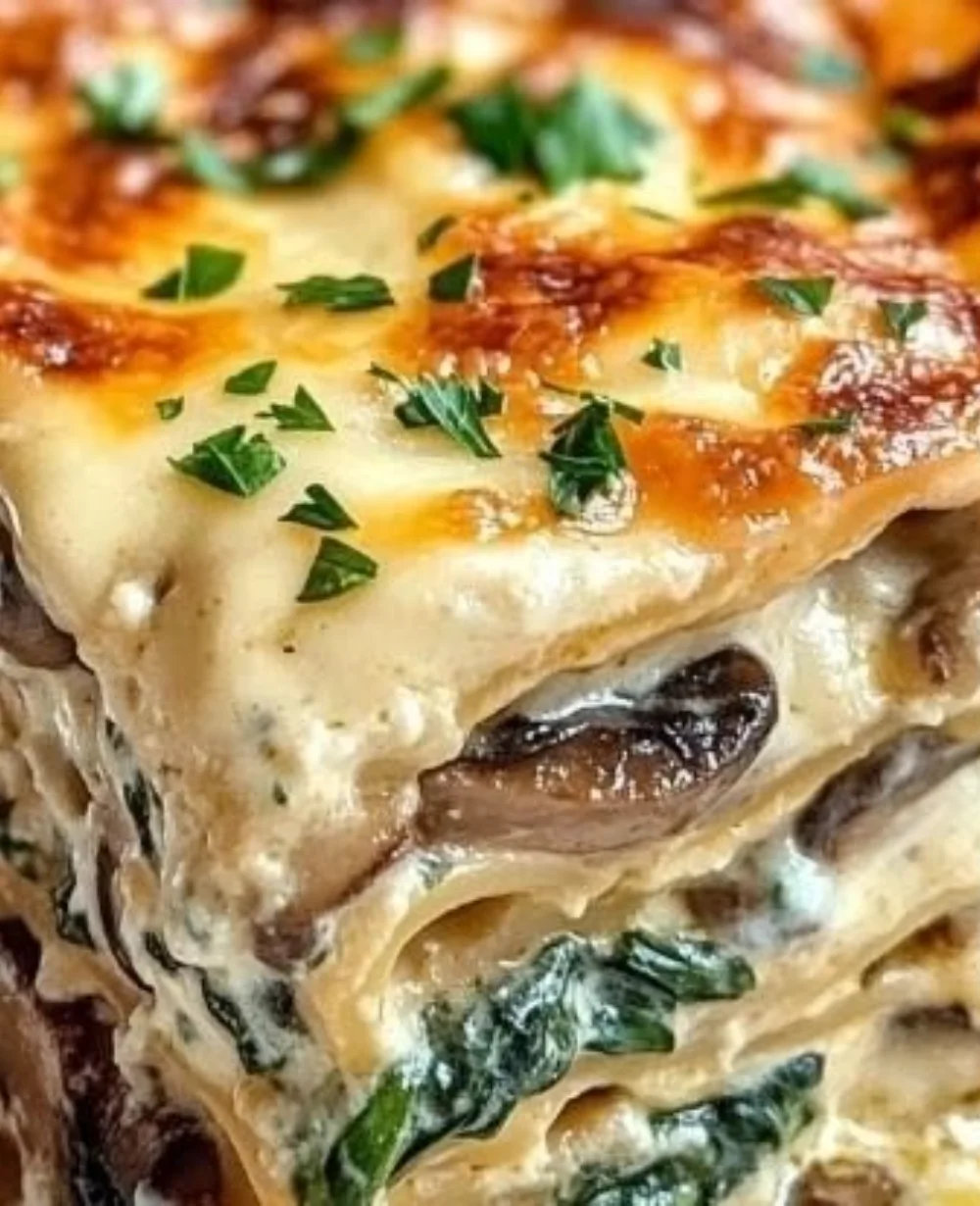 Creamy spinach mushroom lasagna topped with cheese and fresh herbs