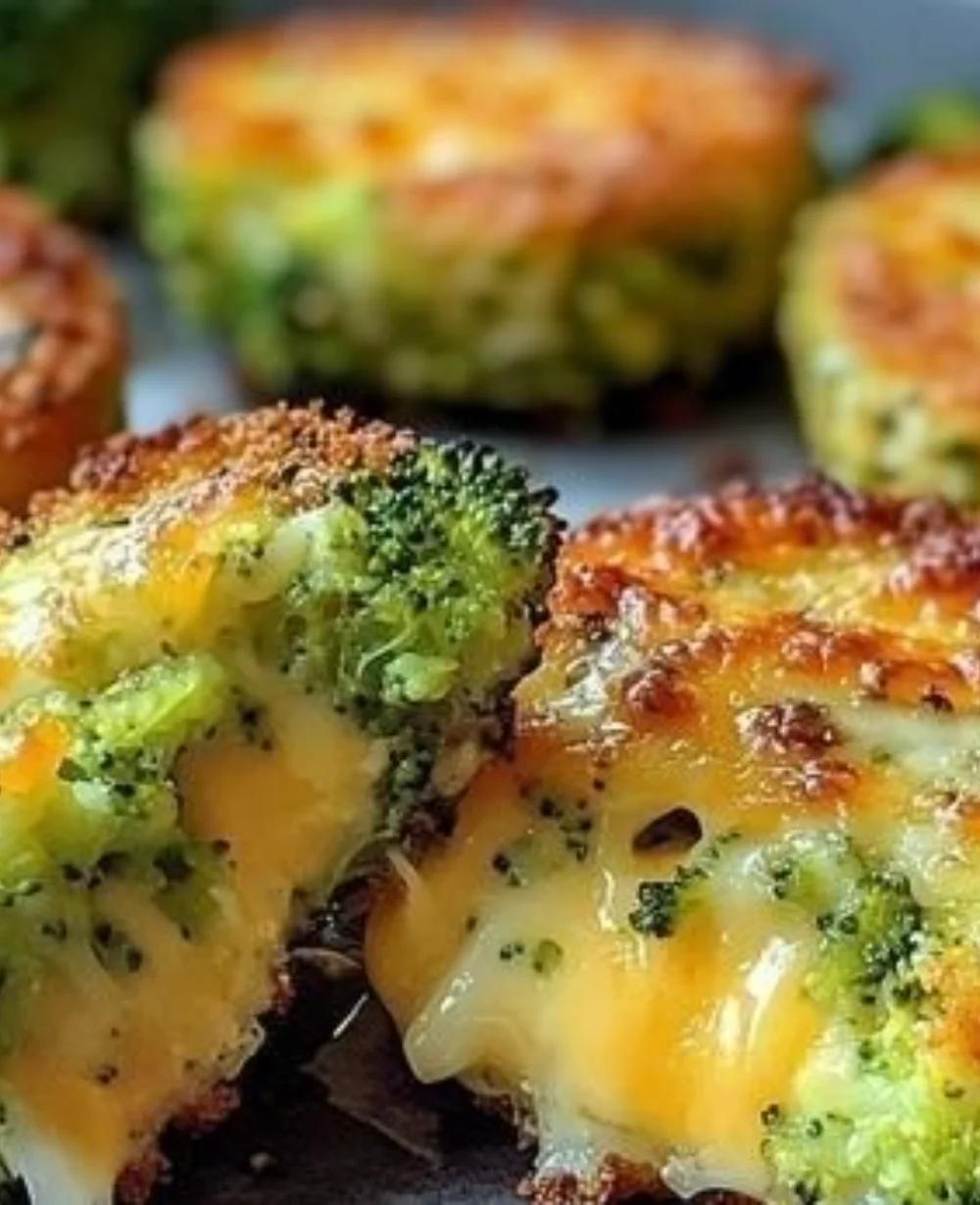 Crispy broccoli cheese rounds on a plate, golden and appetizing.