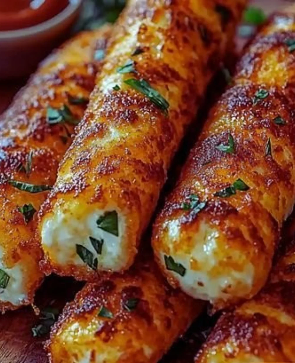 Crispy homemade mozzarella sticks served with marinara sauce