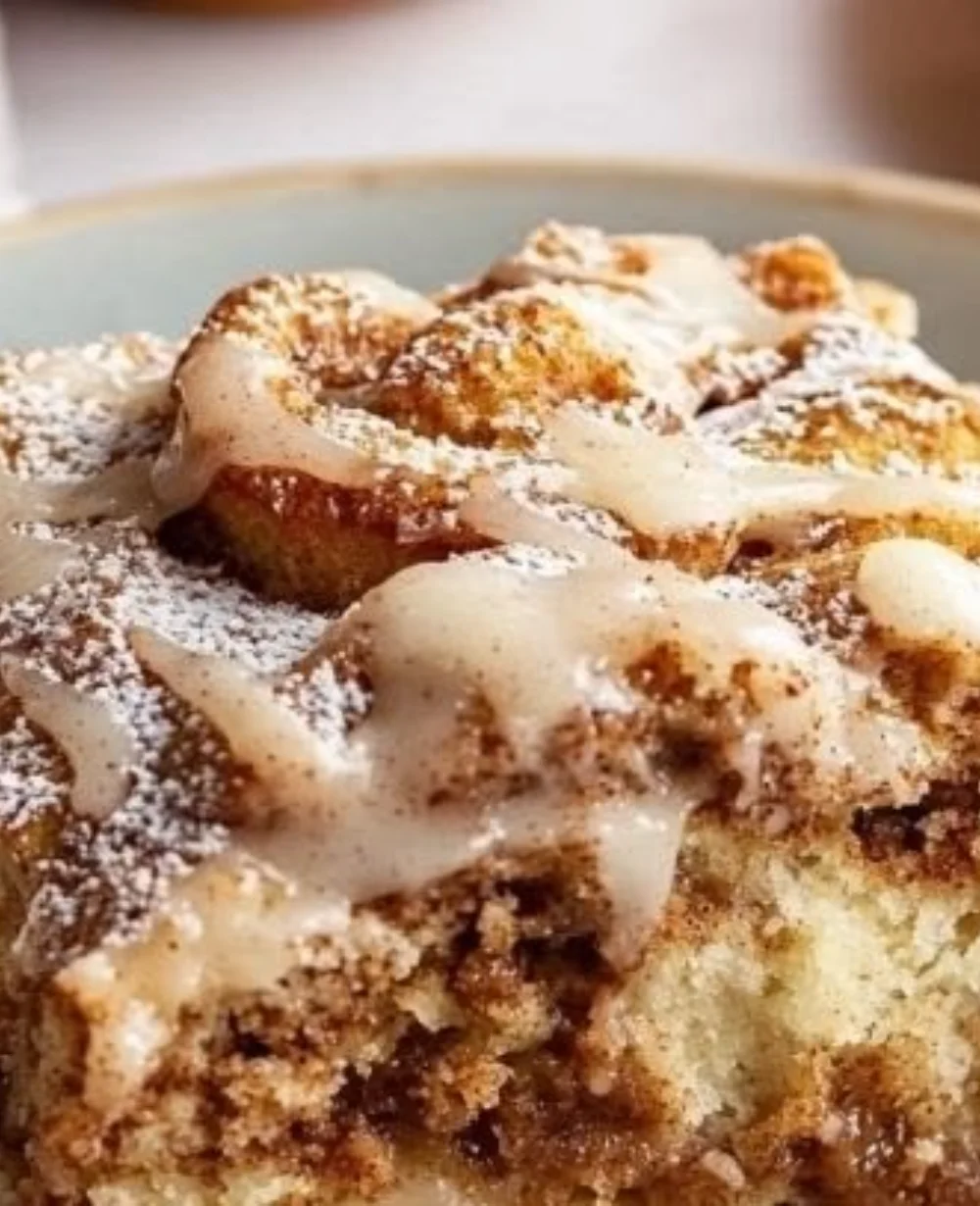 Crockpot gooey cinnamon roll dump cake served warm with cream cheese frosting.