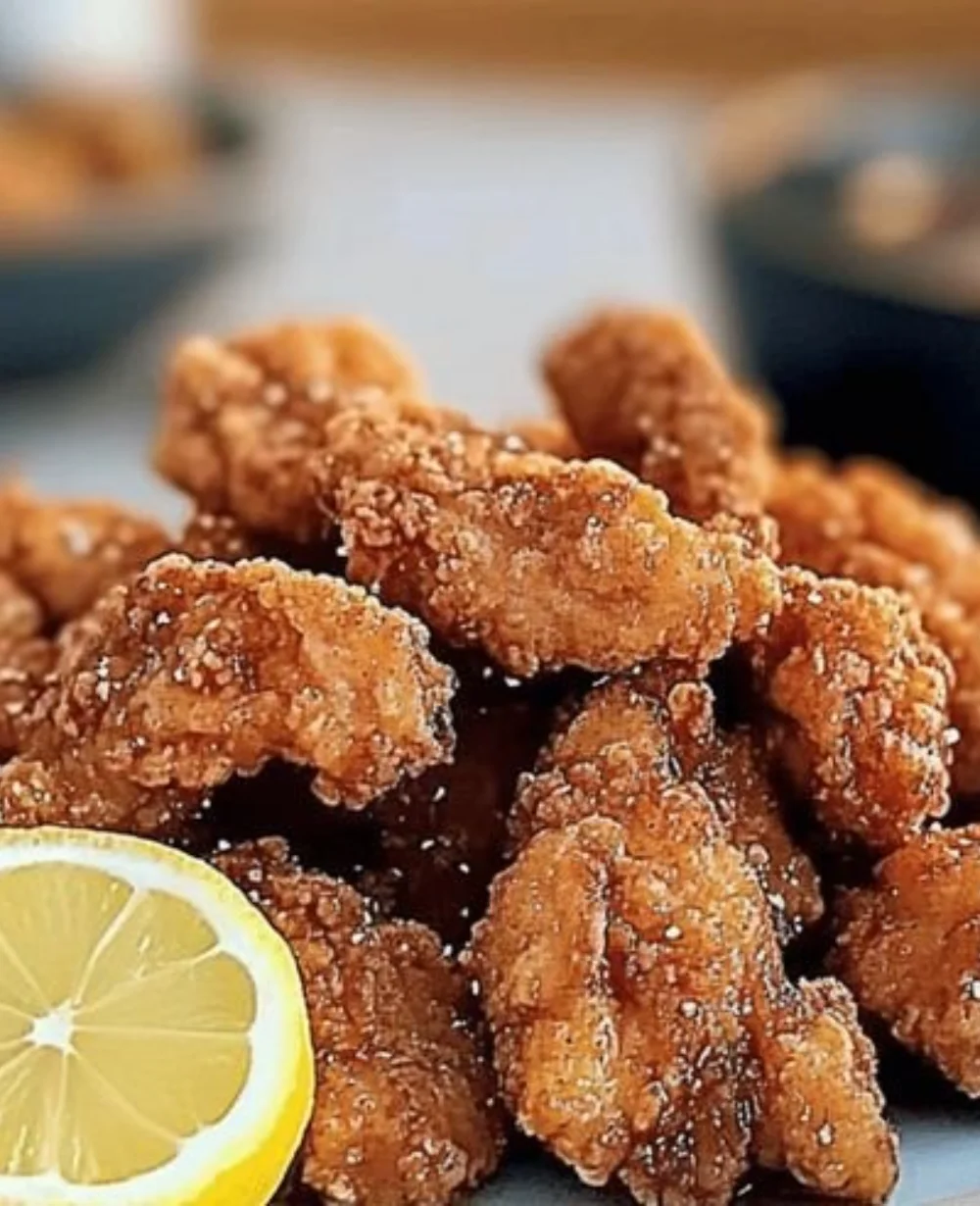 Crispy chicken karaage served with dipping sauce and lemon wedges.
