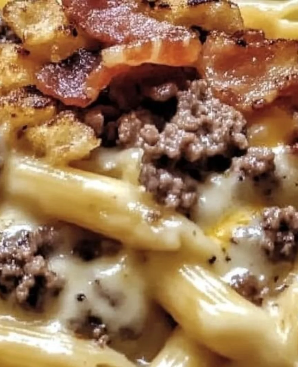 Creamy loaded bacon cheeseburger alfredo pasta dish topped with bacon and cheese