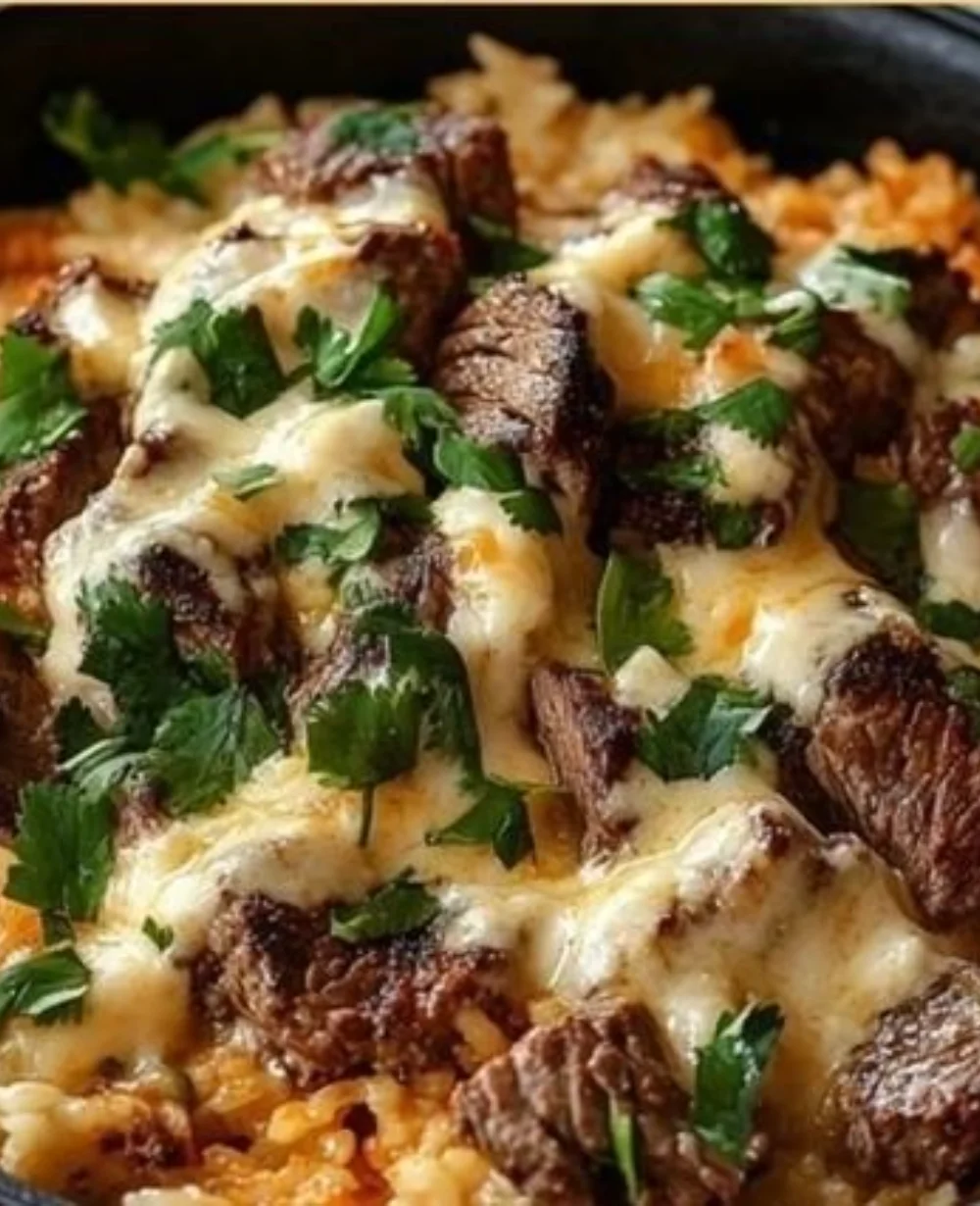 Delicious steak queso rice with melted cheese and tender steak chunks