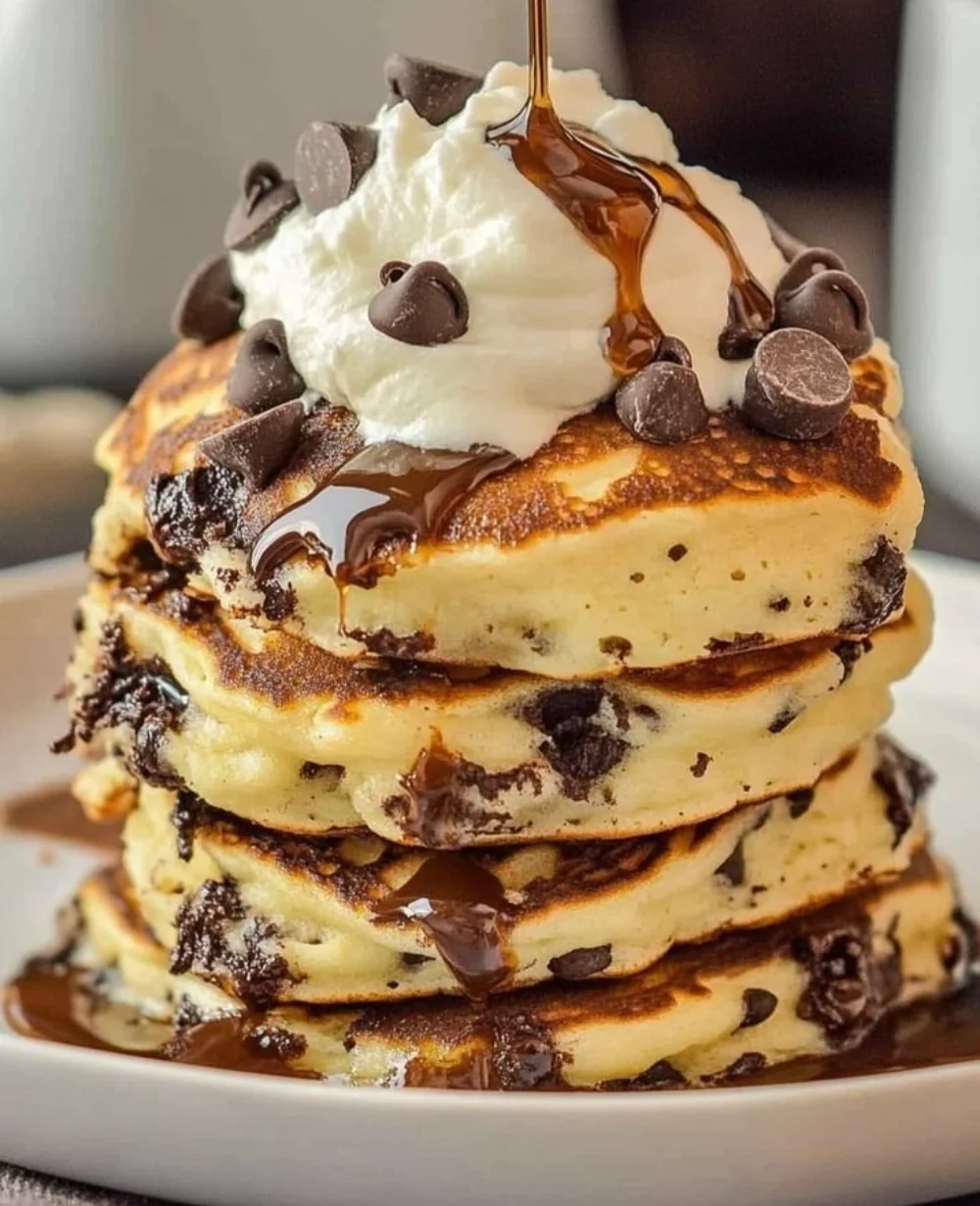 Fluffy chocolate chip pancakes stacked on a plate with syrup