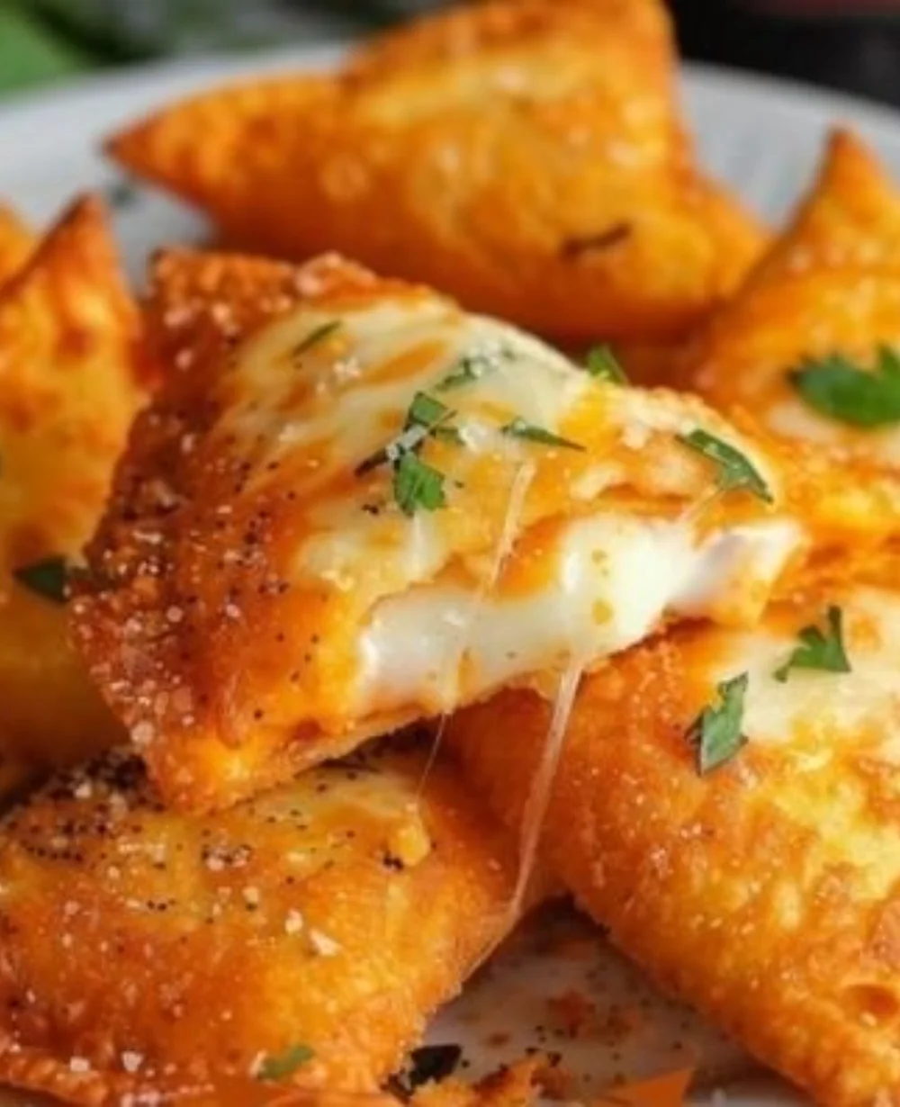 Fried cheese stuffed Doritos stacked on a plate