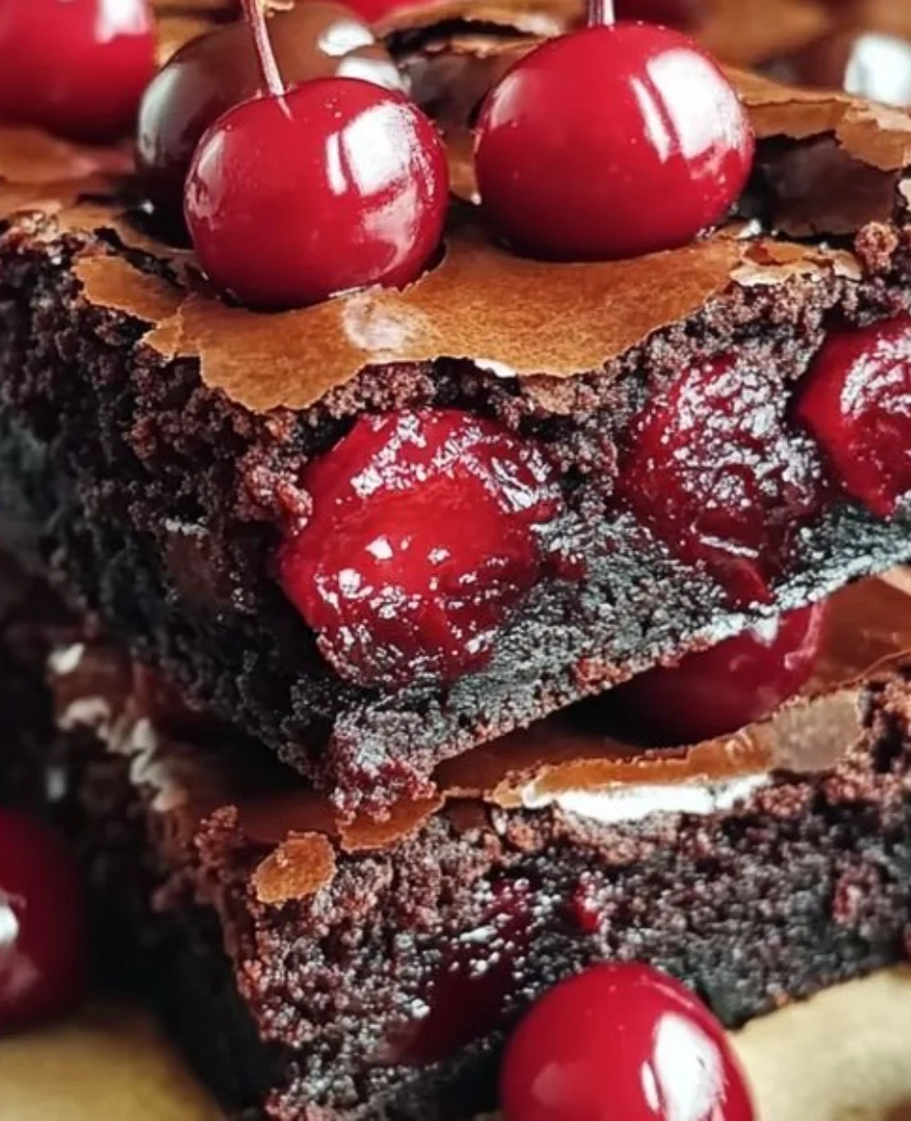 Fudgy cherry brownies with chocolate ganache on a wooden table