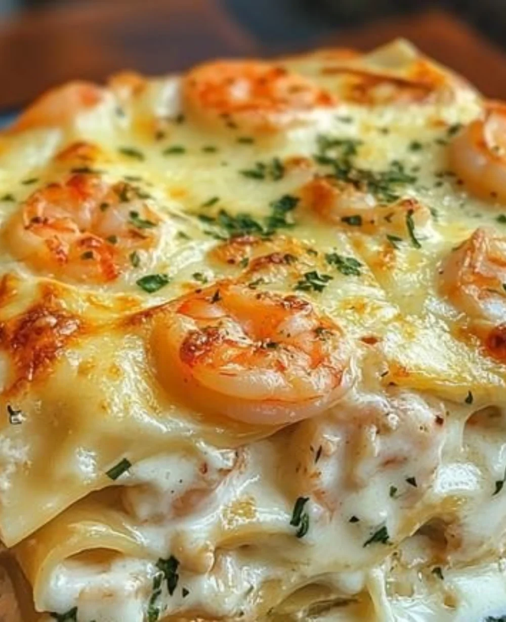 Delicious garlic butter shrimp scampi lasagna served in a cozy dish