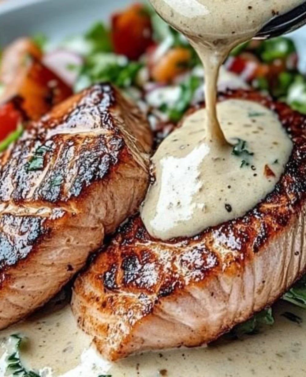 Grilled tuna steaks topped with creamy garlic sauce and served with a fresh salad