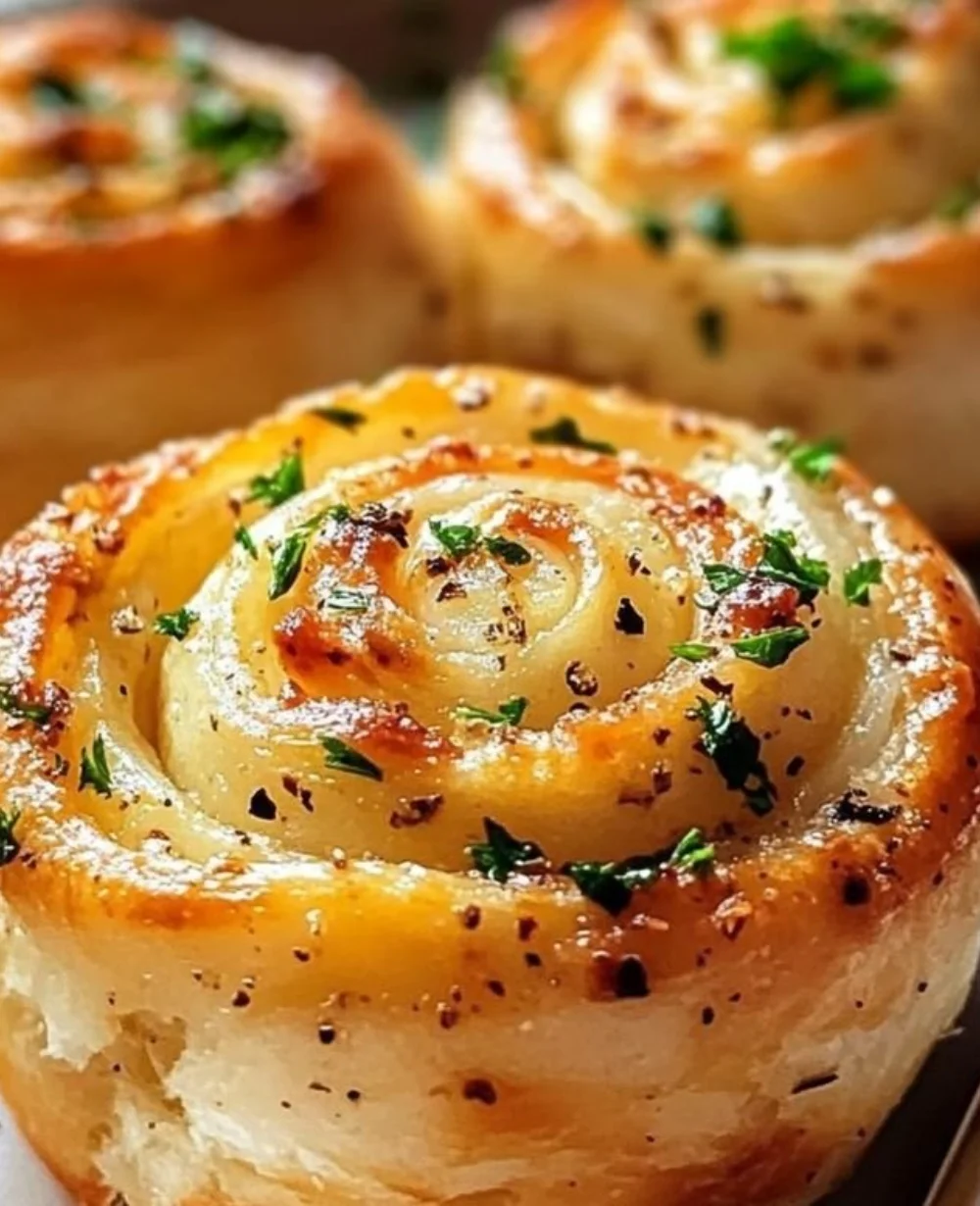 Fluffy Herb Garlic Swirl Rolls displayed on a rustic table