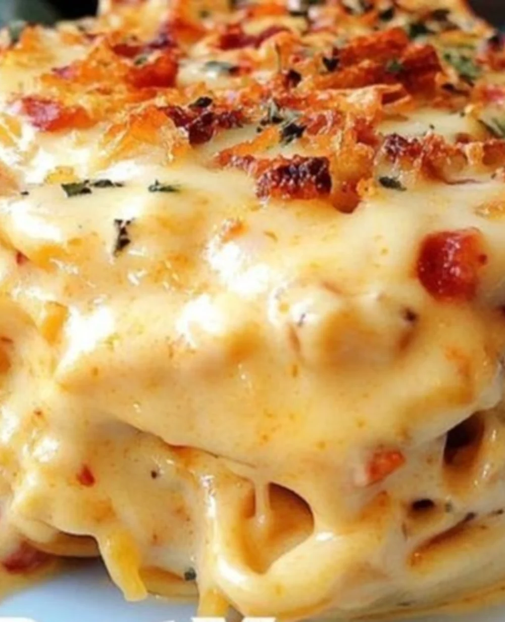 Homemade Southern chicken spaghetti casserole served in a dish