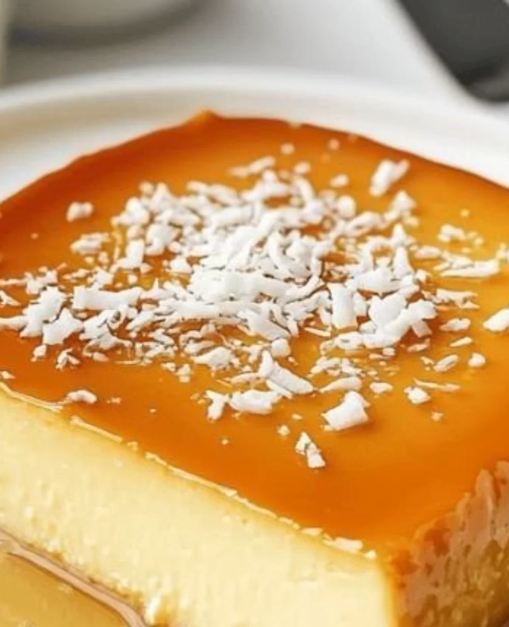 Delicious coconut flan served in a bowl, showcasing its creamy texture and tropical flavor.
