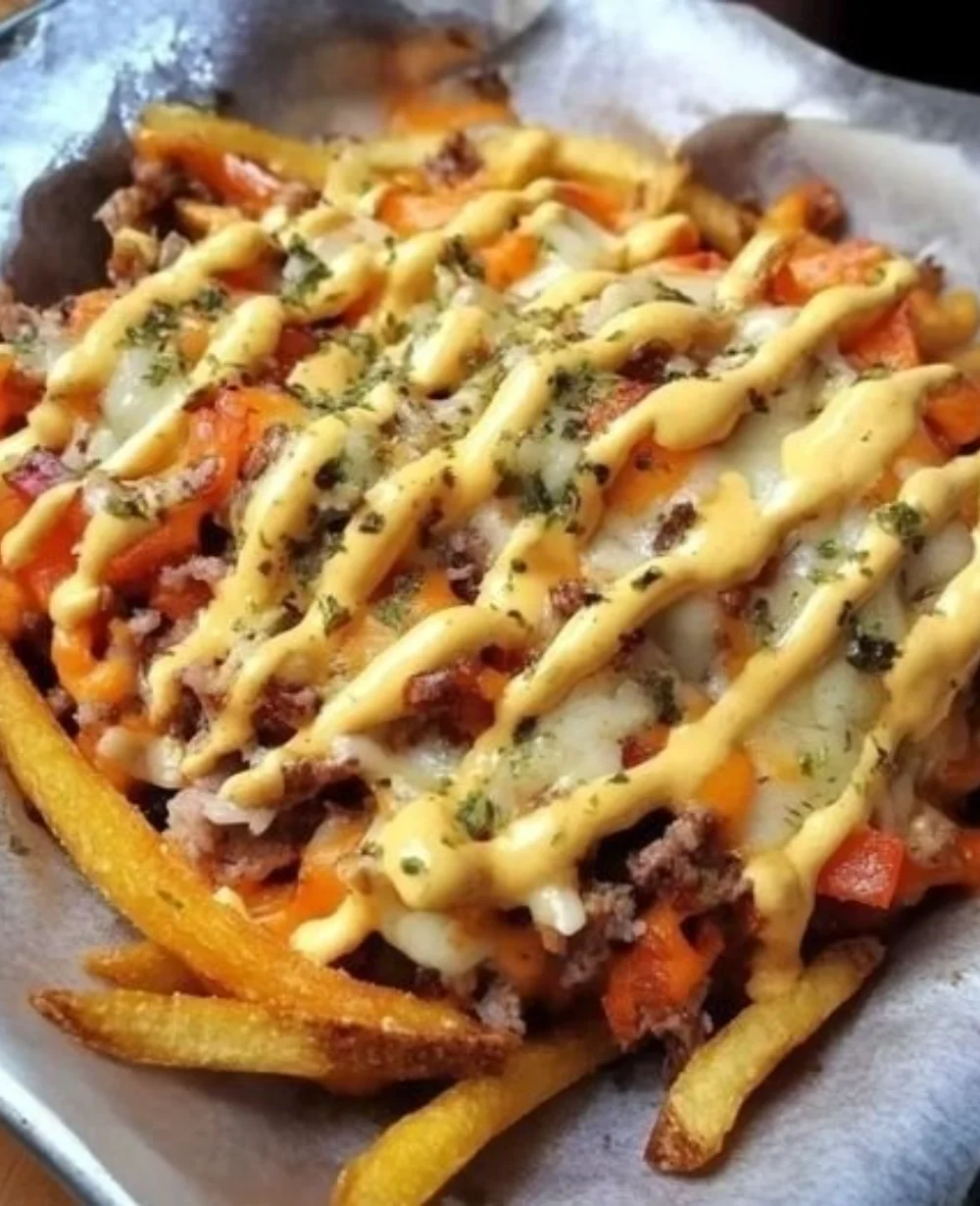 Plate of crispy loaded dirty fries topped with cheese and smoky flavors