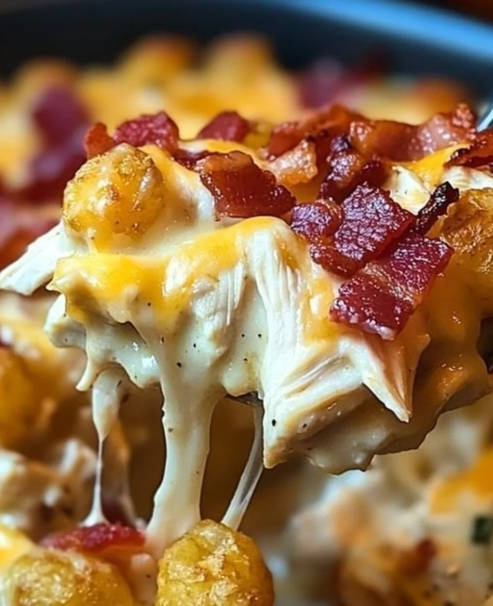 Delicious chicken bacon ranch tater tot casserole layered for comfort and flavor.