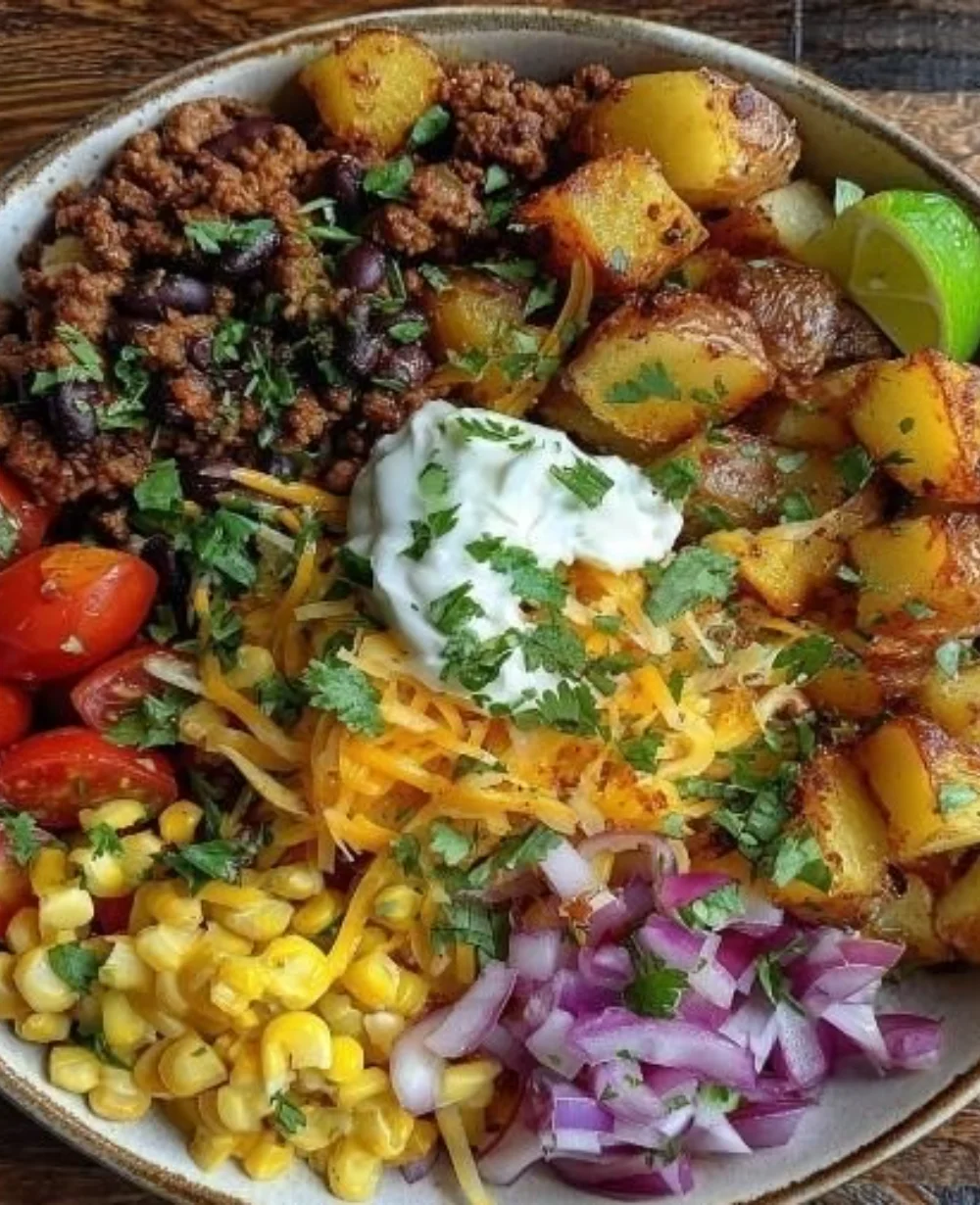 Loaded Potato Taco Bowl topped with cheese and fresh toppings