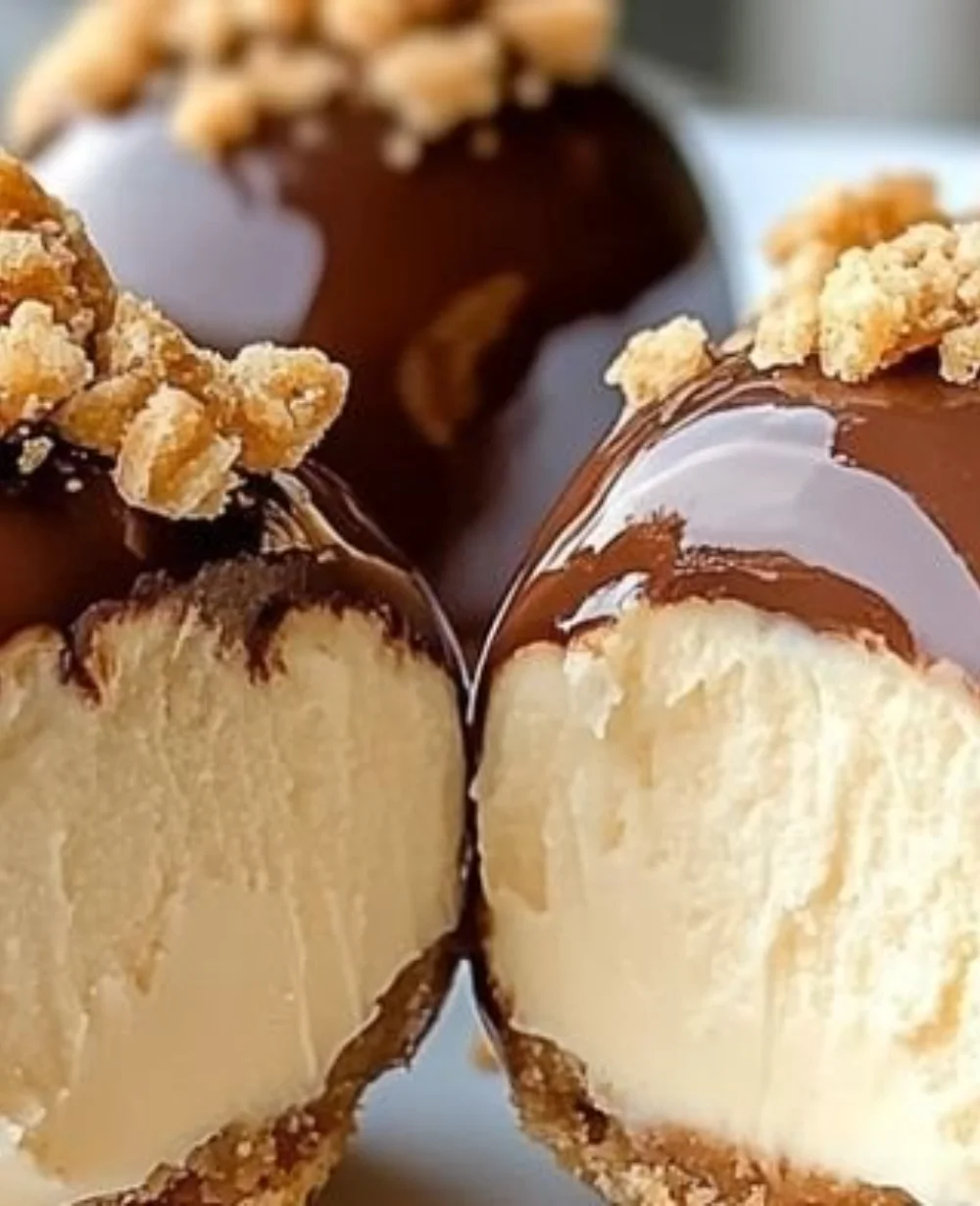 No-Bake Peanut Butter Cheesecake Balls served on a plate with chocolate drizzle