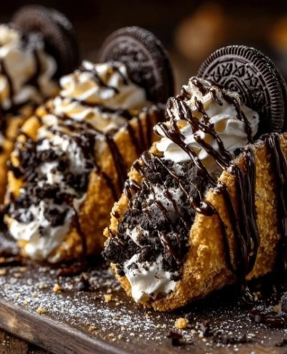 Oreo Crunch Cheesecake Tacos displayed on a plate, ready to indulge in.