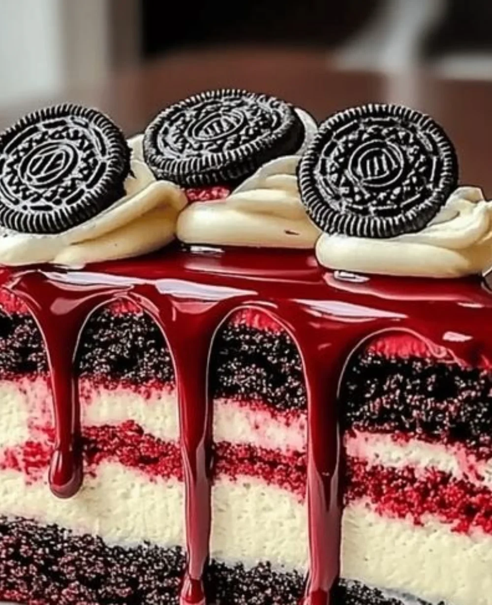Oreo Red Velvet Cheesecake Drip Cake with a creamy frosting and Oreo crust.