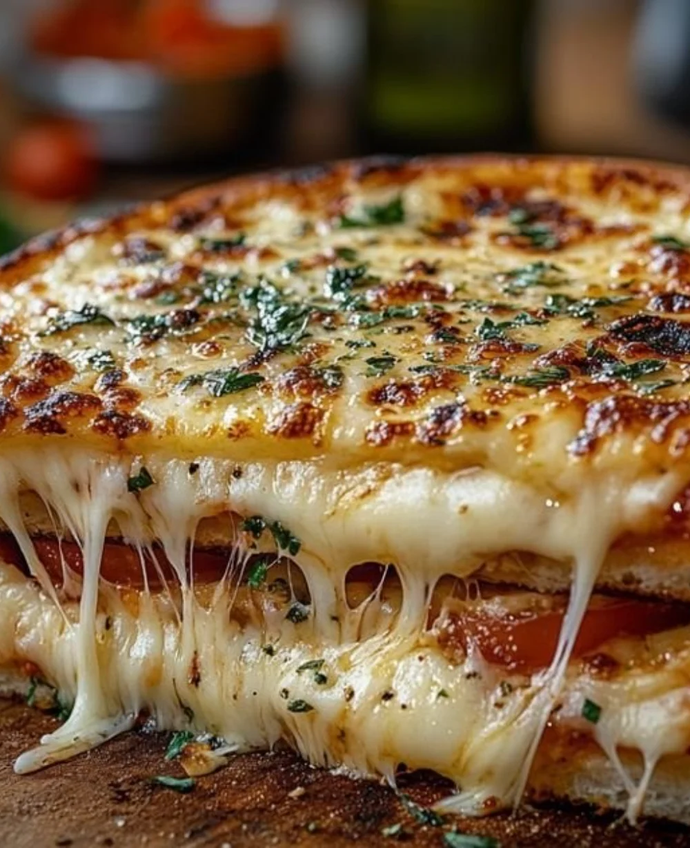 Delicious Pizza Grilled Cheese Sandwich stacked and ready to eat.