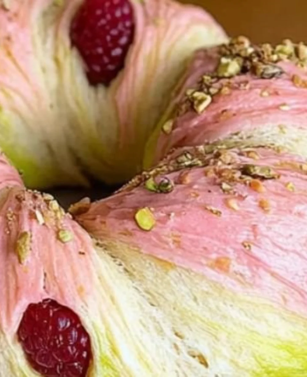 Raspberry Pistachio Sourdough Bagels with vibrant toppings