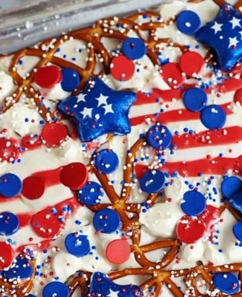 Delicious Red White Blue Patriotic Pretzel Bark made with chocolate and pretzels