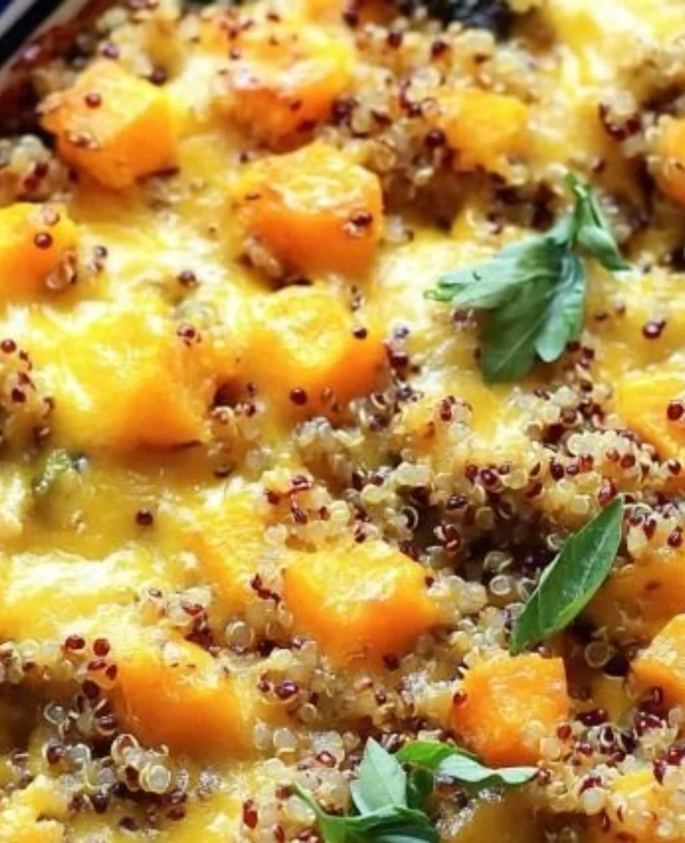 Roasted butternut squash and quinoa casserole served in a warm kitchen setting