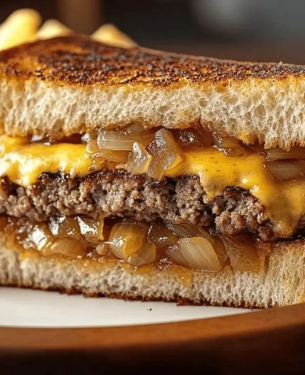 Delicious classic patty melt sandwich with secret sauce and grilled onions