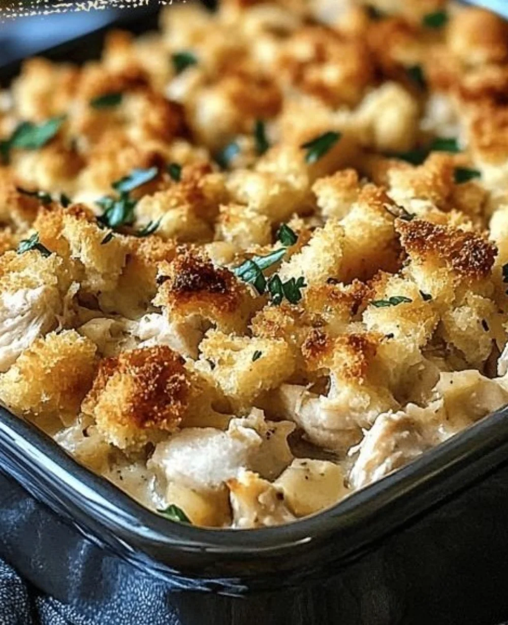 Delicious Chicken Casserole with stuffing served in a cozy dish