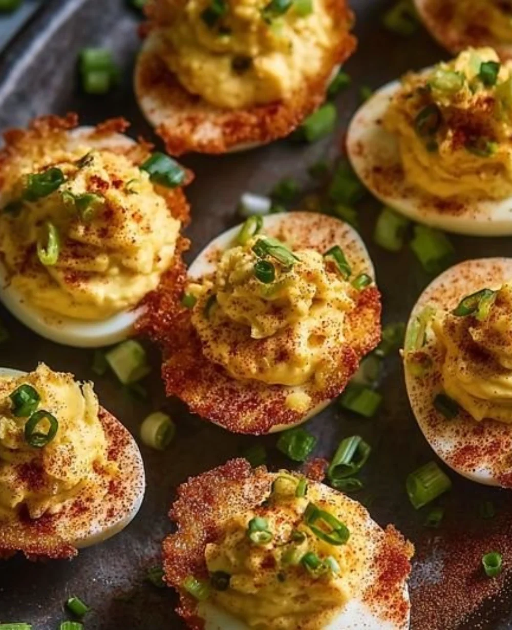 Plate of Spicy Bayou Deviled Eggs garnished with herbs and spices