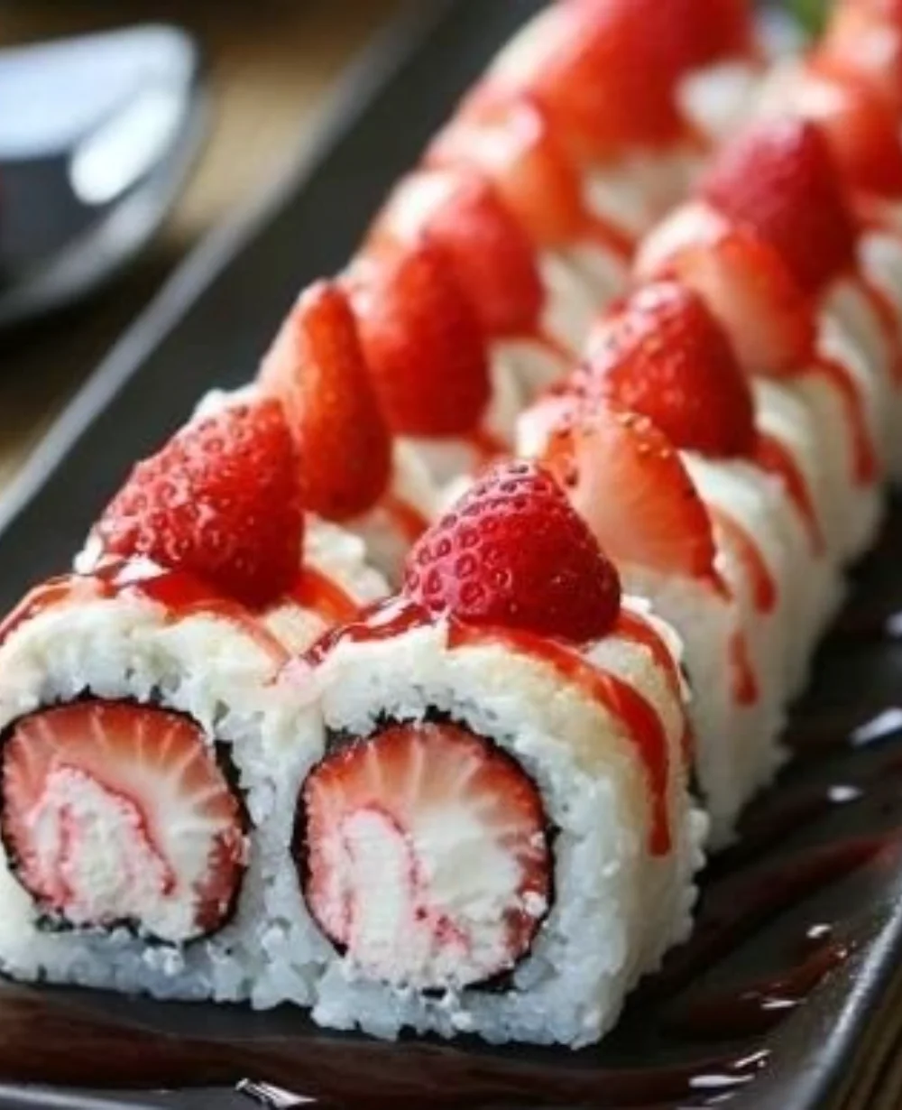 Colorful strawberry shortcake sushi rolls garnished with whipped cream and fruit.