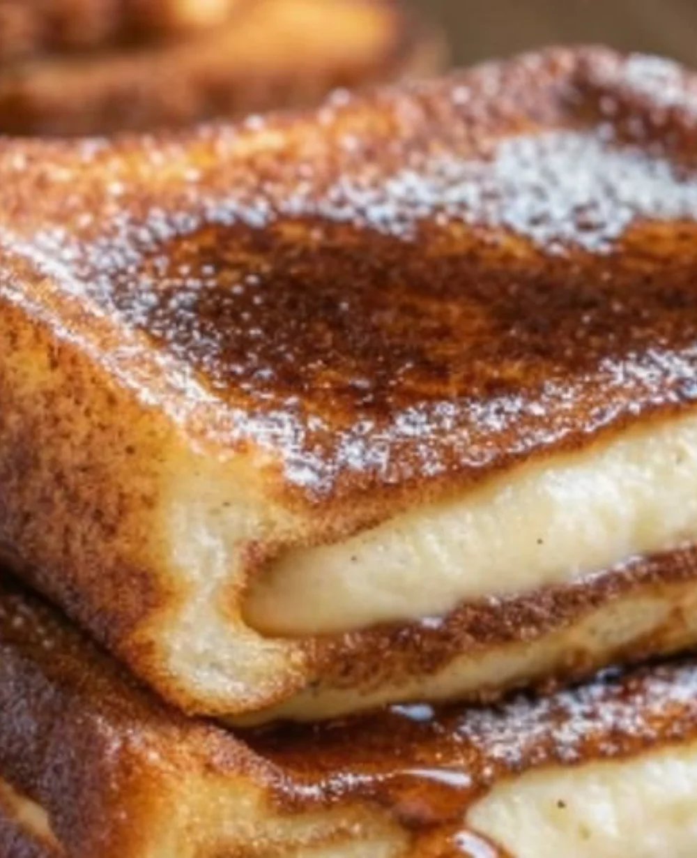 Crispy churro stuffed French toast served on a plate with syrup.