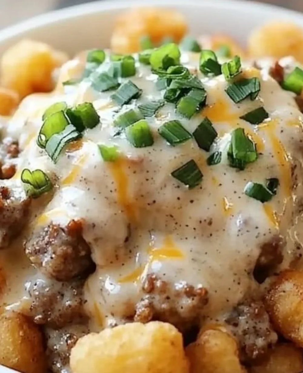 Delicious tater tot breakfast bowl with sausage gravy topping.
