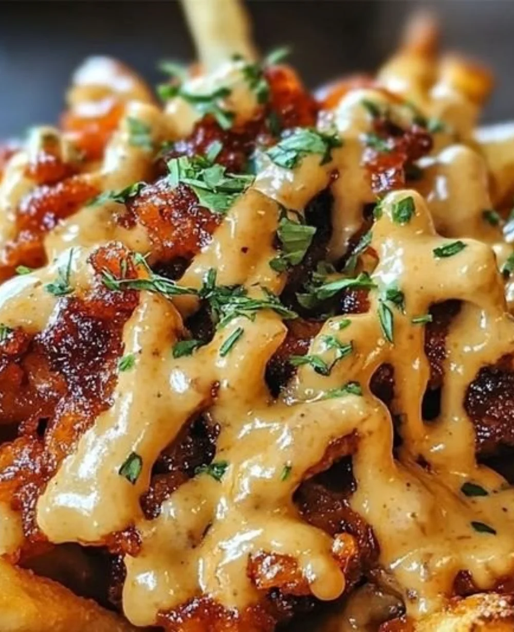 Plate of delicious voodoo fries topped with flavorful spices and sauces.