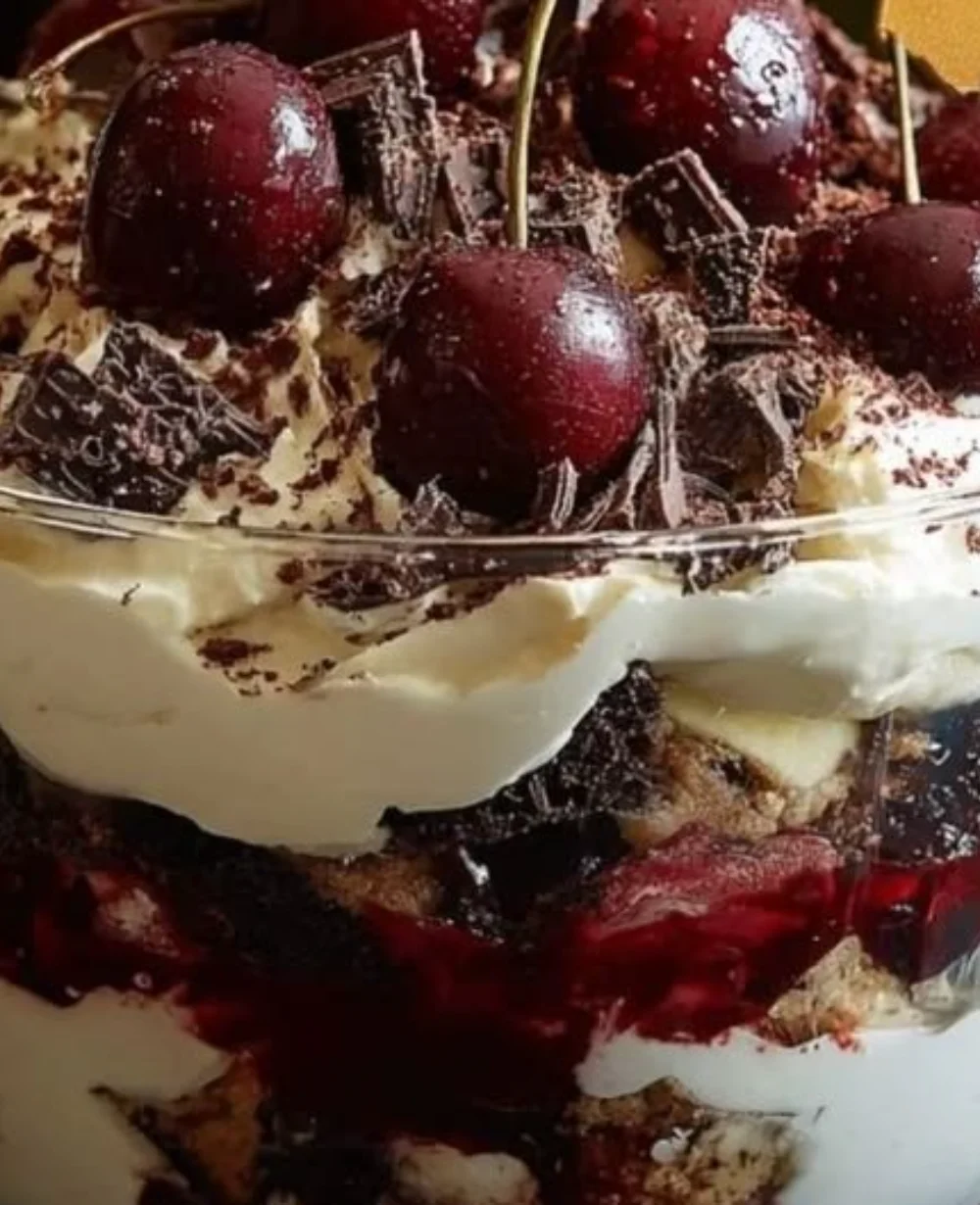 Delicious Black Forest Trifle with layers of chocolate and cherries