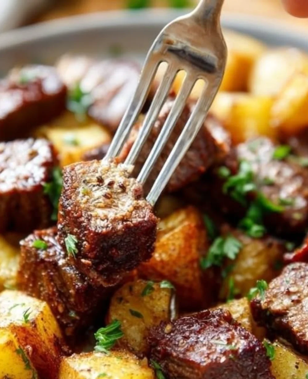 Air Fryer steak bites served with crispy potatoes on a plate